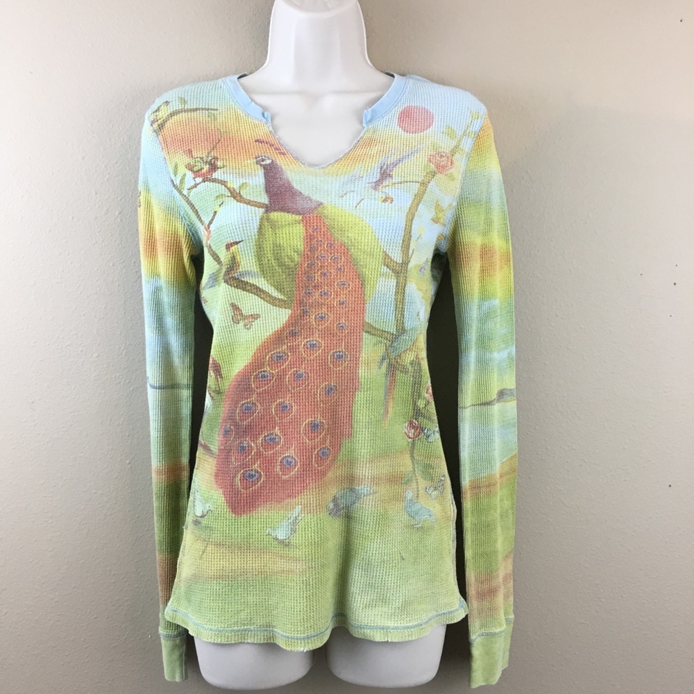 Lucky Brand Multicolor Peacock Print Top Sz l